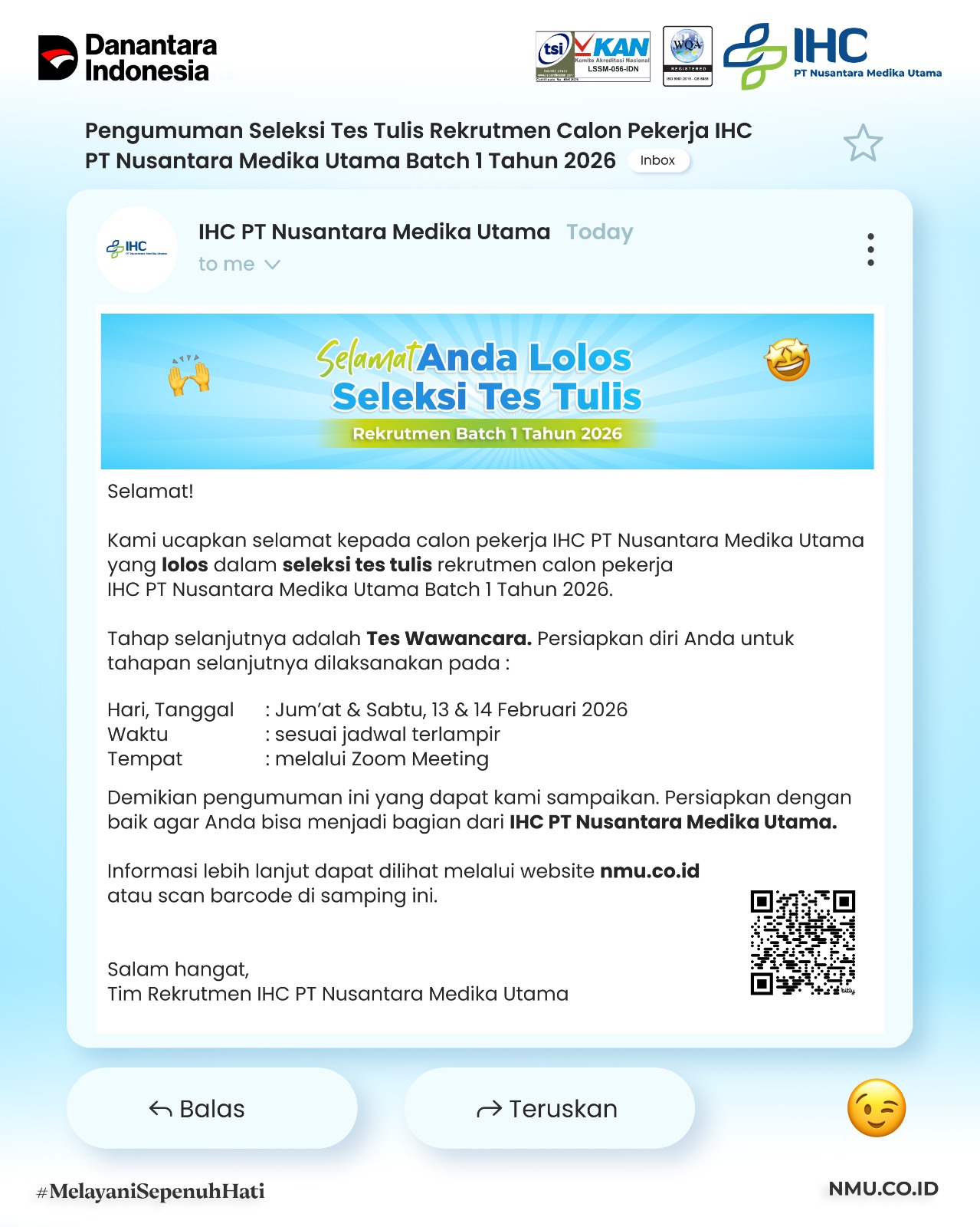Pengumuman Hasil Seleksi Administrasi Rekrutmen Calon Pekerja IHC PT Nusantara Medika Utama Batch 1 Tahun 2026